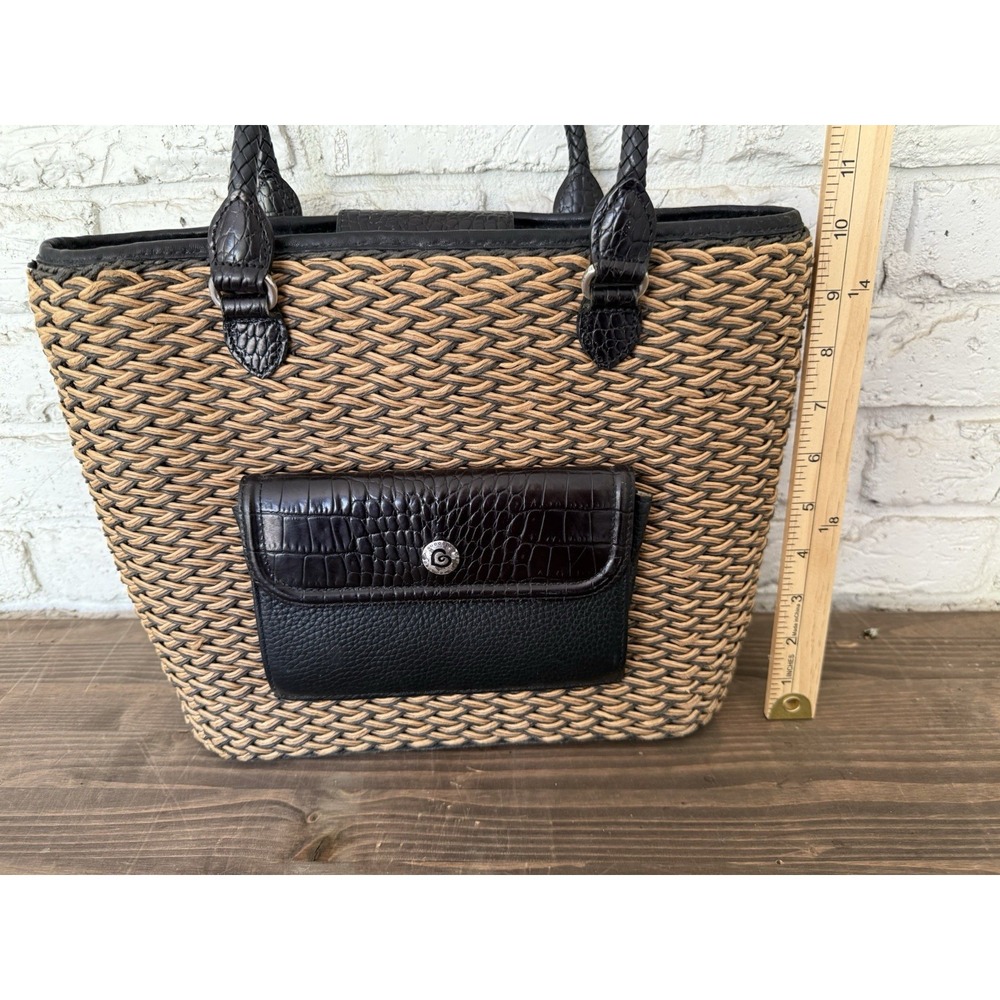 Vintage Brighton Straw & Leather Purse Tote Bag Woven Braided Straps-Tan Black - Picture 12 of 16